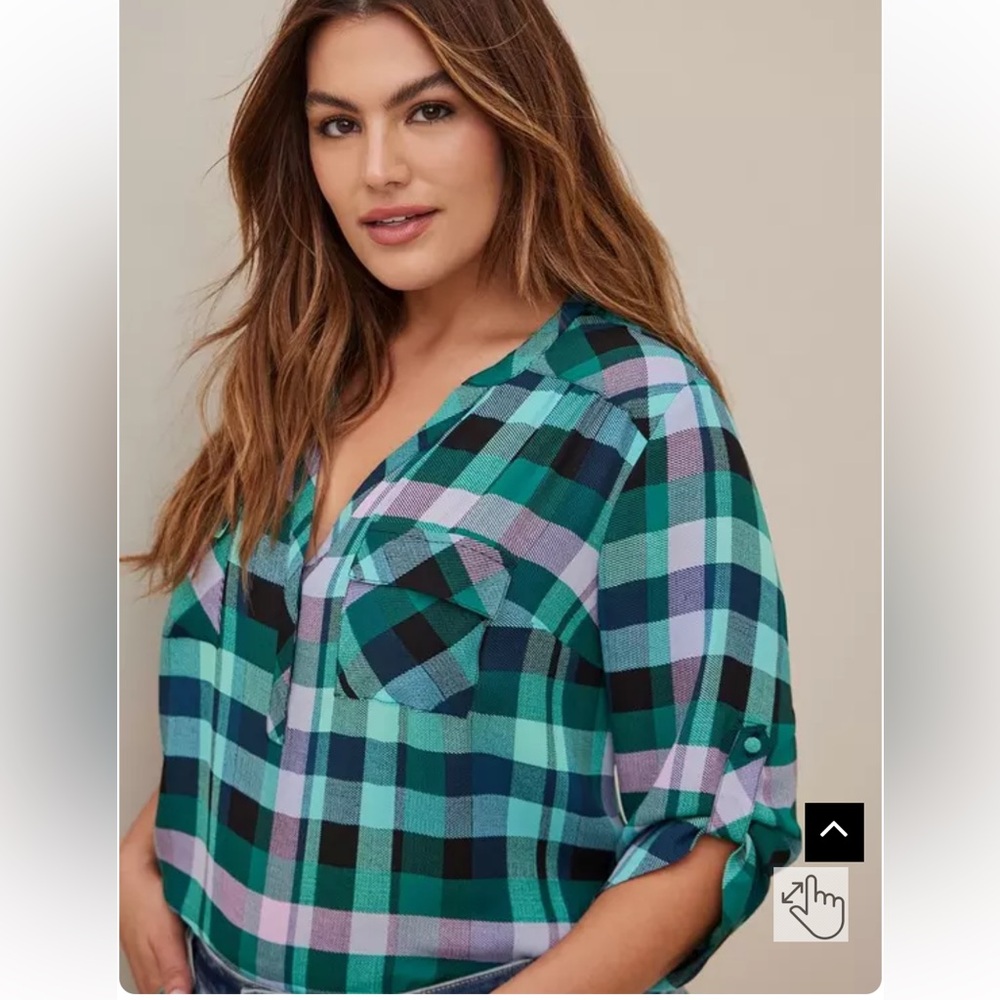 Torrid Green Plaid Harper Georgette 3/4 Sleeve Top Size 5 - Picture 2 of 10